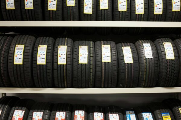 photo of new tires in a tire storage shop