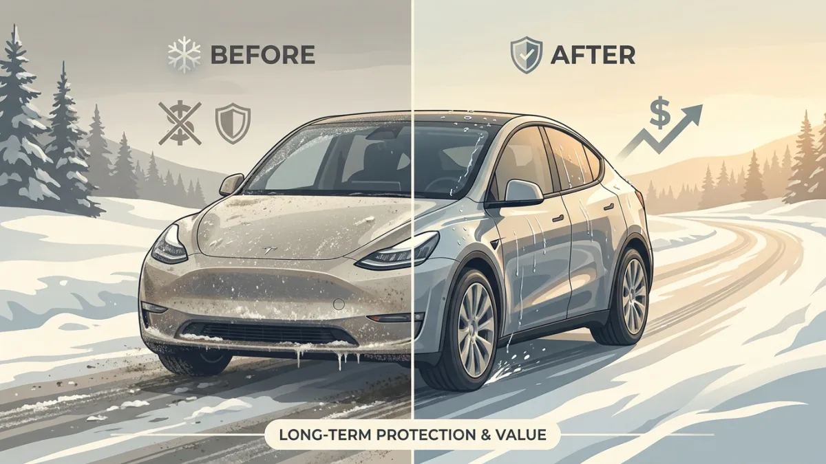 A professional detailer applies ceramic coating to a Tesla to protect against harsh Canadian winters.